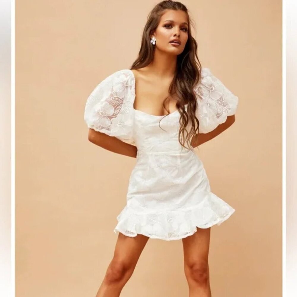 NWT Sage & Paige Mini Dress Womens XL White Lace Clarissa Puff Sleeves Babydoll